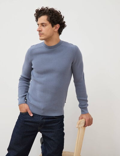 Pull manches longues col rond bleu gris homme