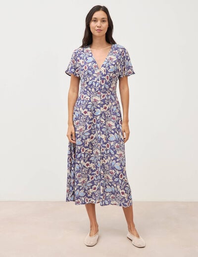 Robe droite 3/4 col v manches courtes bleu femme