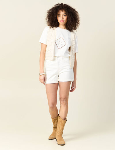 T-shirt manches courtes brodé ecru femme