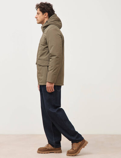 Parka longue droite &agrave; capuche taupe homme
