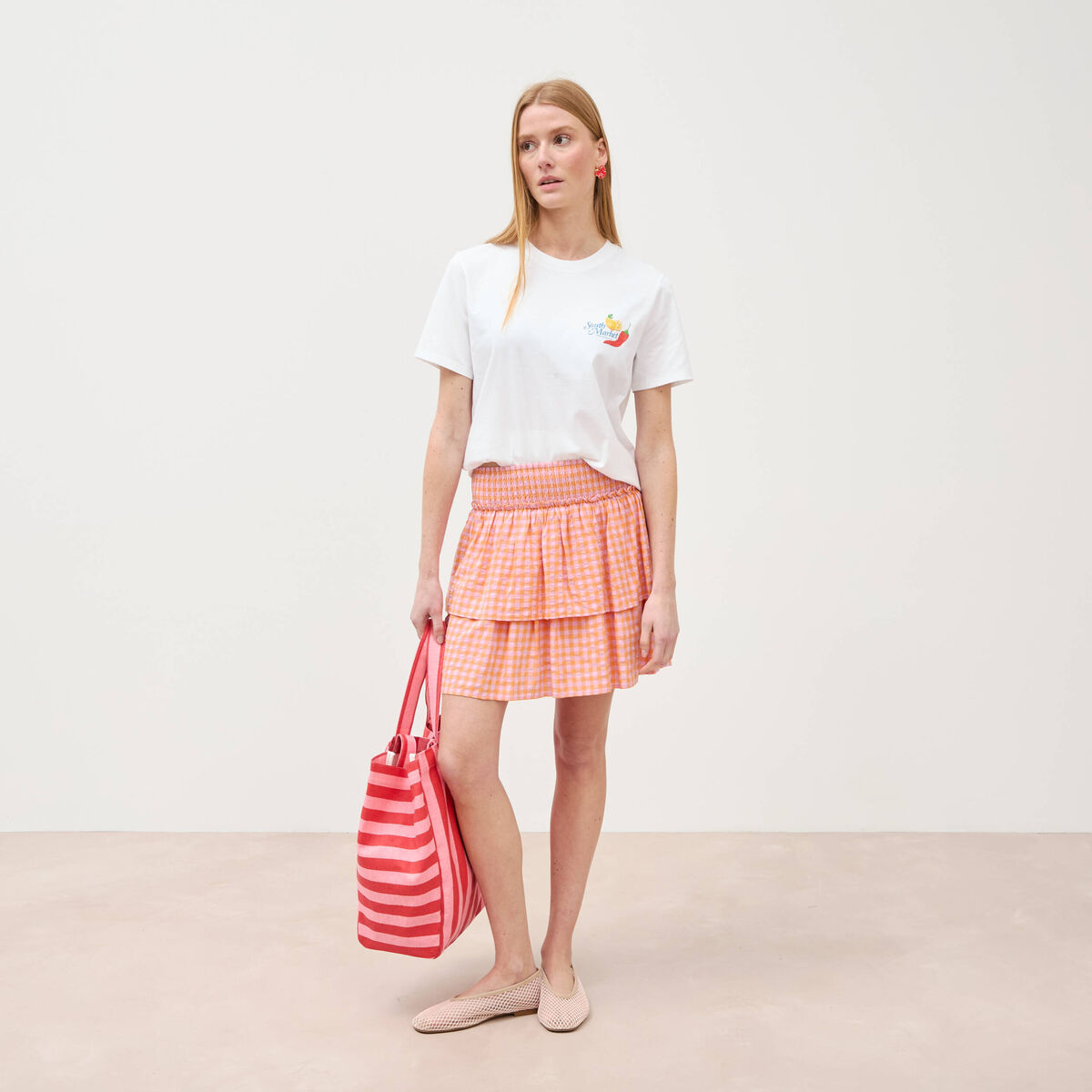 Jupe fluide &agrave; carreaux doubl&eacute;e orange abricot femme