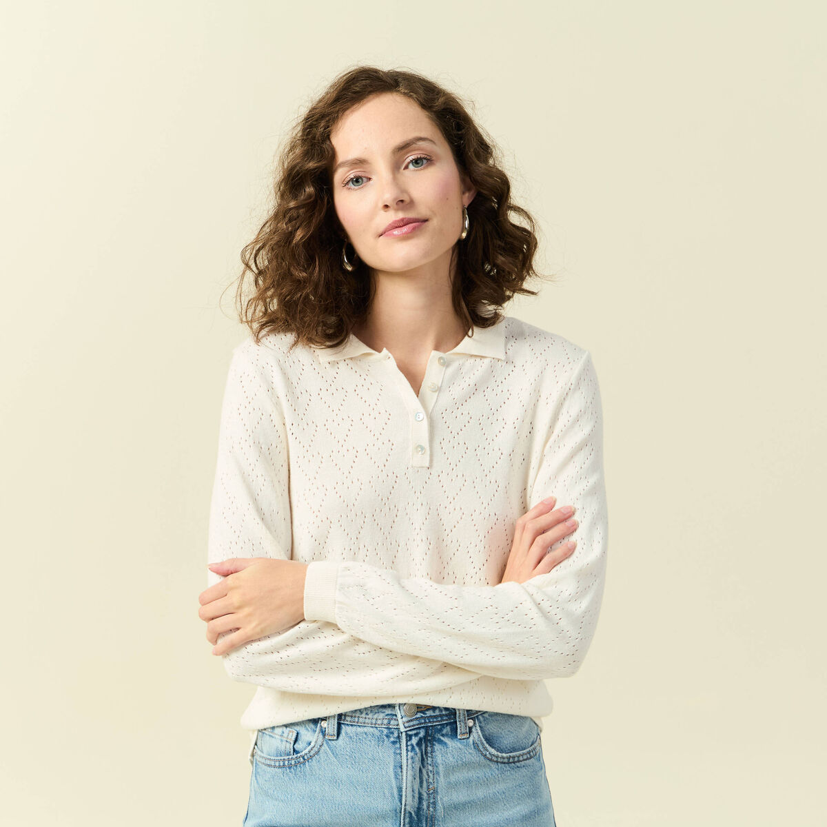 Pull ajour&eacute; manches longues en coton ecru femme