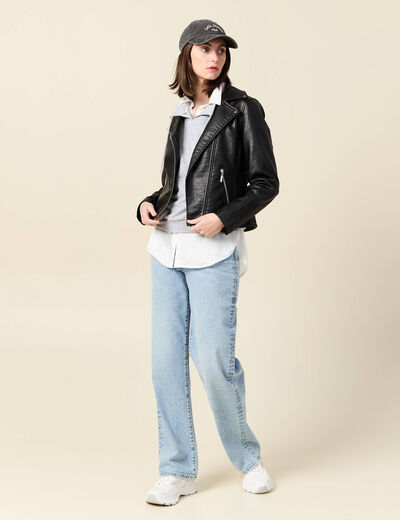 Blouson biker simili cuir noir femme