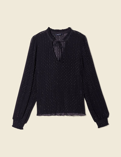 Blouse manches longues pliss&eacute;e noir femme