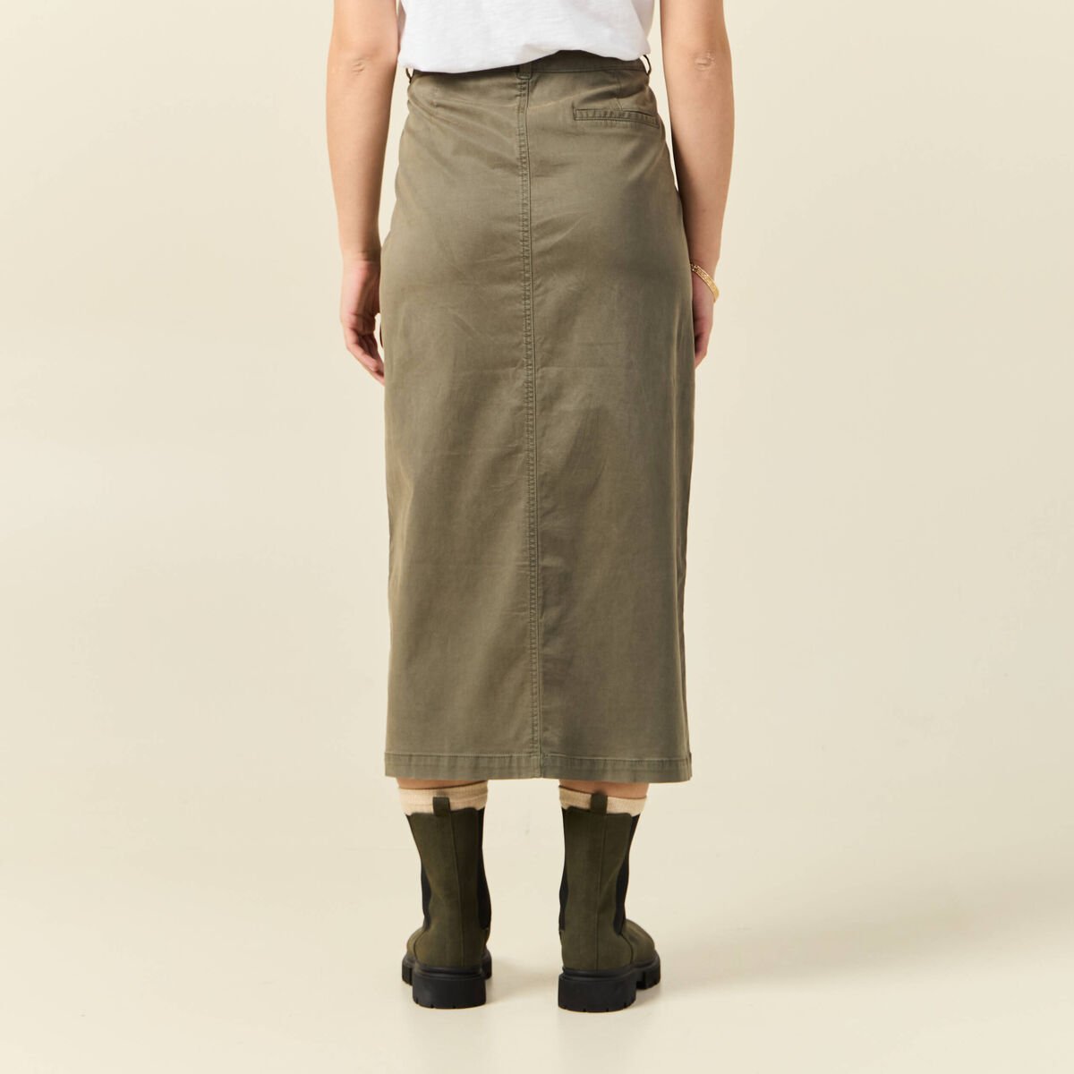 Jupe midi crayon ceinturée vert kaki femme