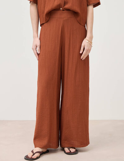 Pantalon large taille haute fluide marron femme