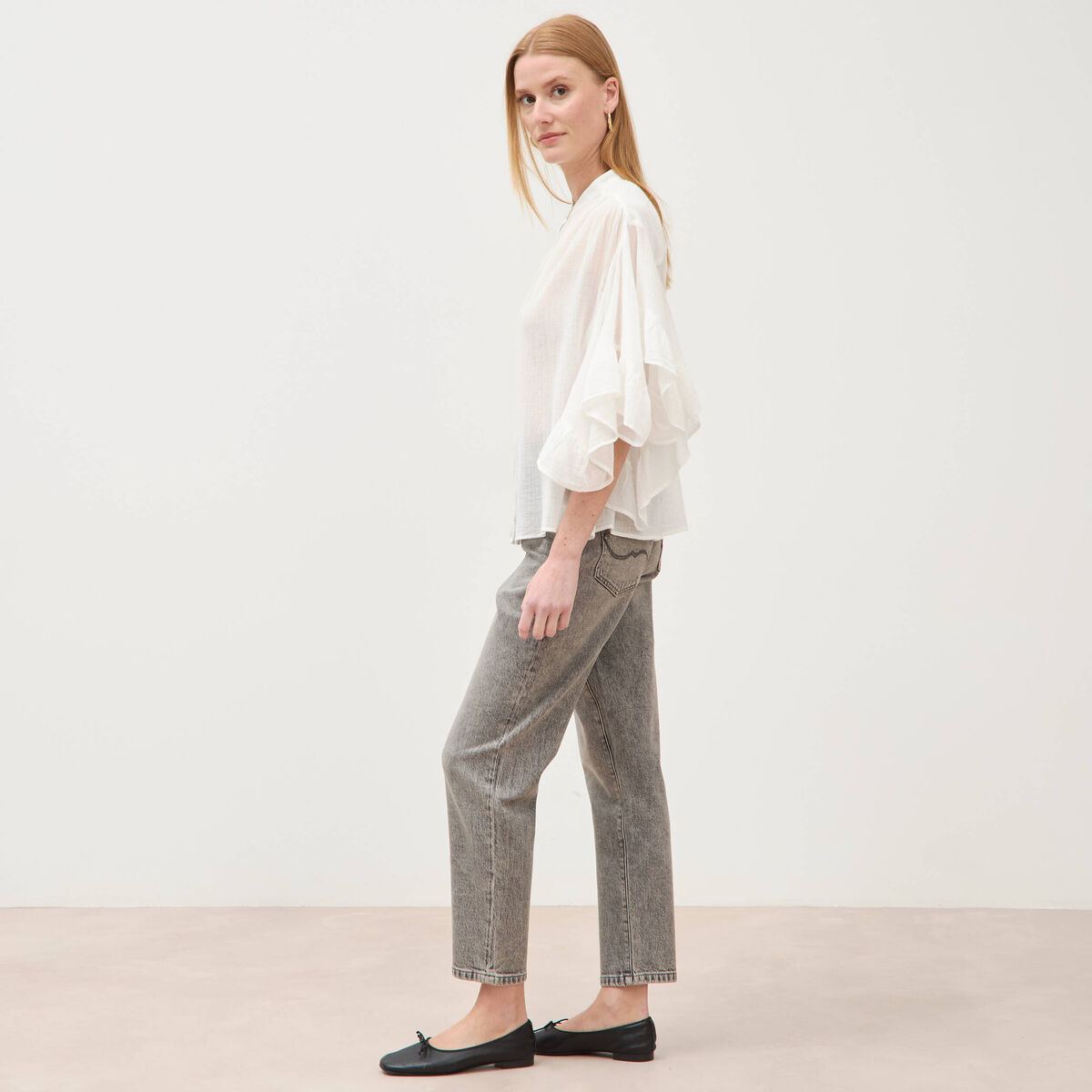 Blouse boyfriend manches coude en coton ecru femme