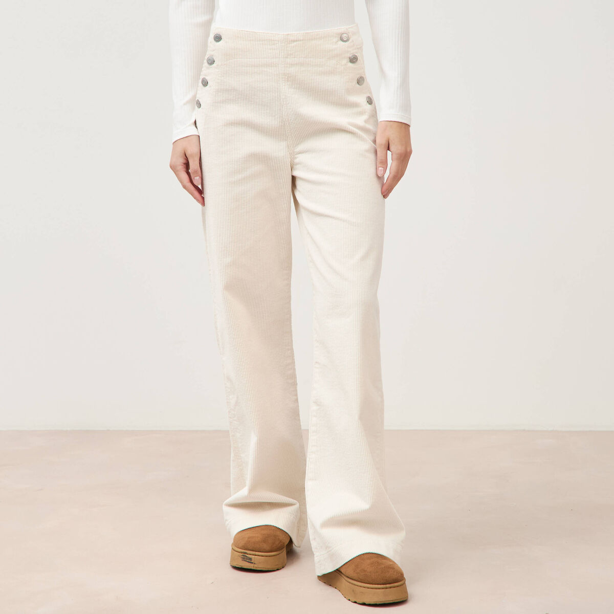 Pantalon large taille haute en velours ivoire femme