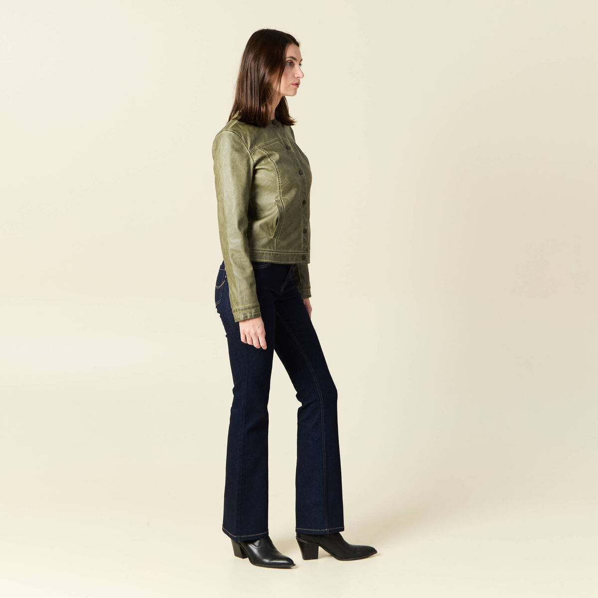 Blouson simili cuir vert kaki femme