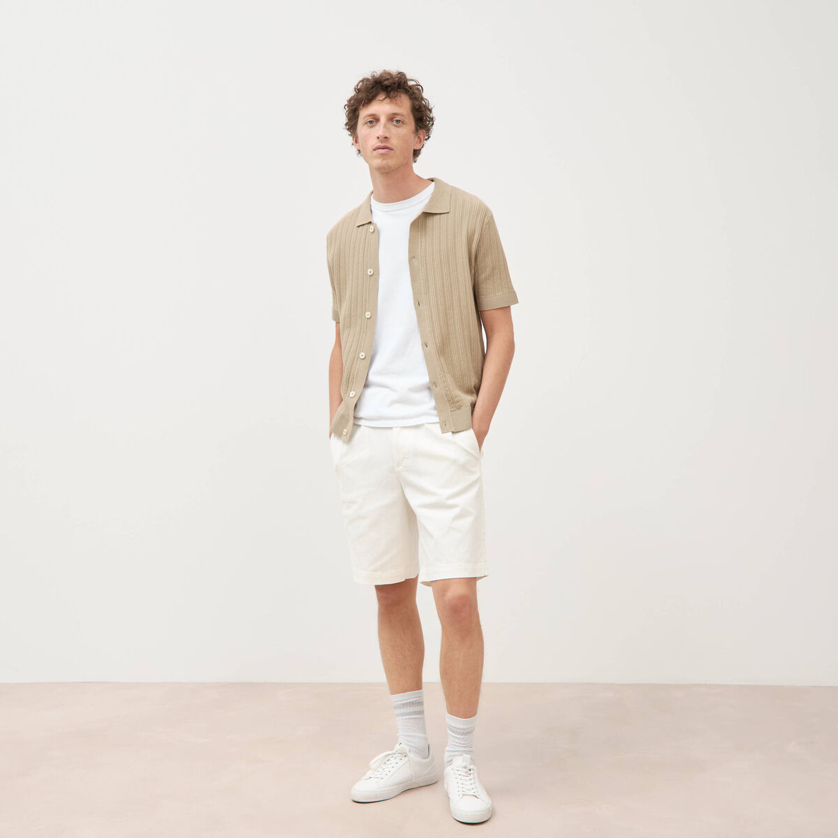 Chemise en coton manches courtes beige homme