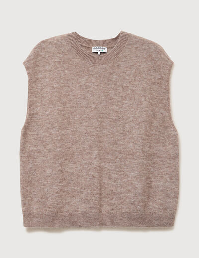 Pull droit court sans manches col rond marron clair femme
