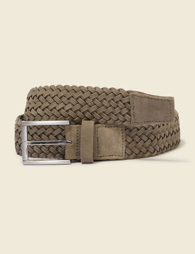 Ceinture large tress&eacute;e en cuir beige homme
