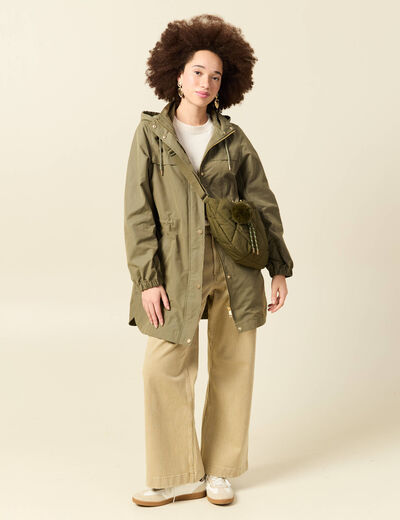 Parka longue droite d&eacute;perlante &agrave; capuche vert kaki femme