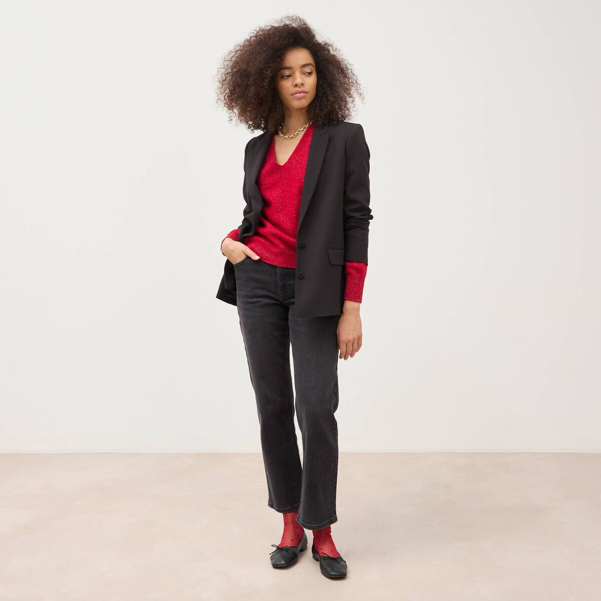 Pull droit col v manches longues rouge femme