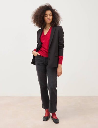 Pull droit col v manches longues rouge femme