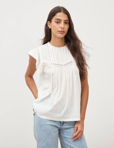 Top col rond manches courtes en coton ecru femme