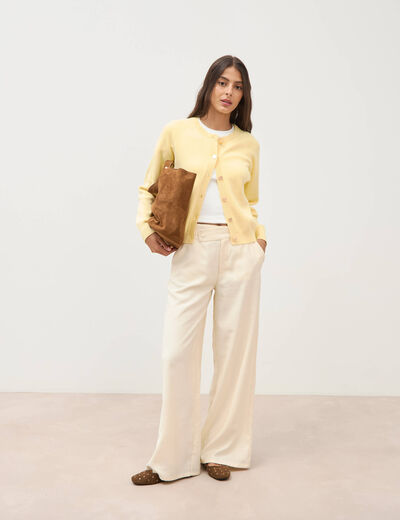 Pantalon large taille haute ceinture ivoire femme