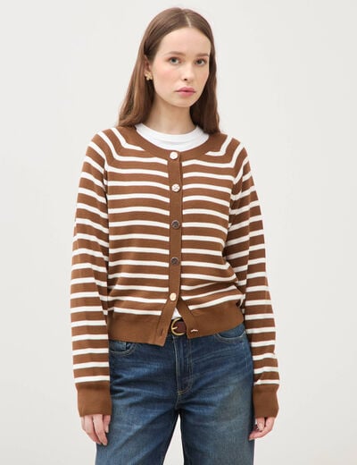 Gilet manches longues col rond en coton marron femme