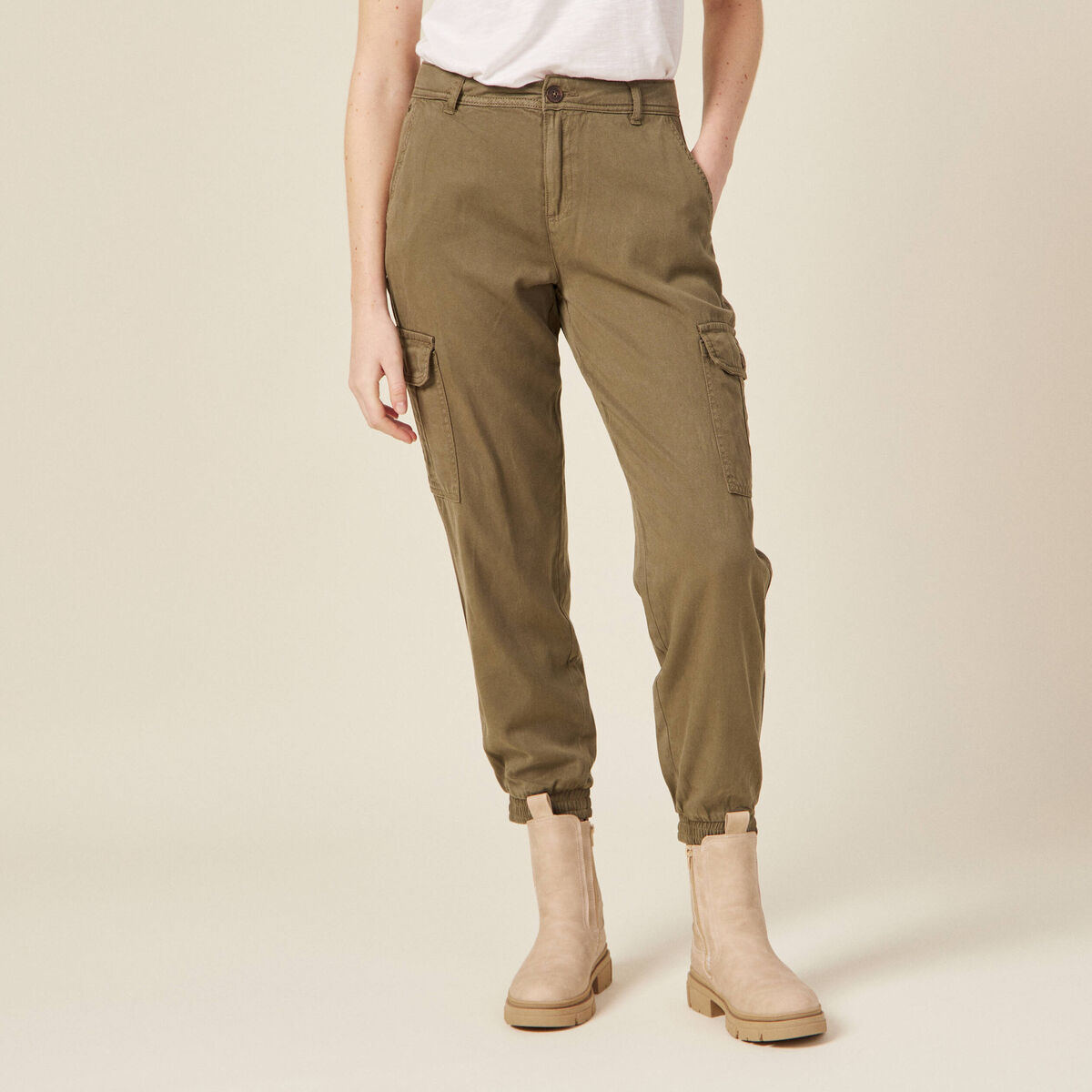 Pantalon battle 7/8&egrave;me taille standard vert kaki femme