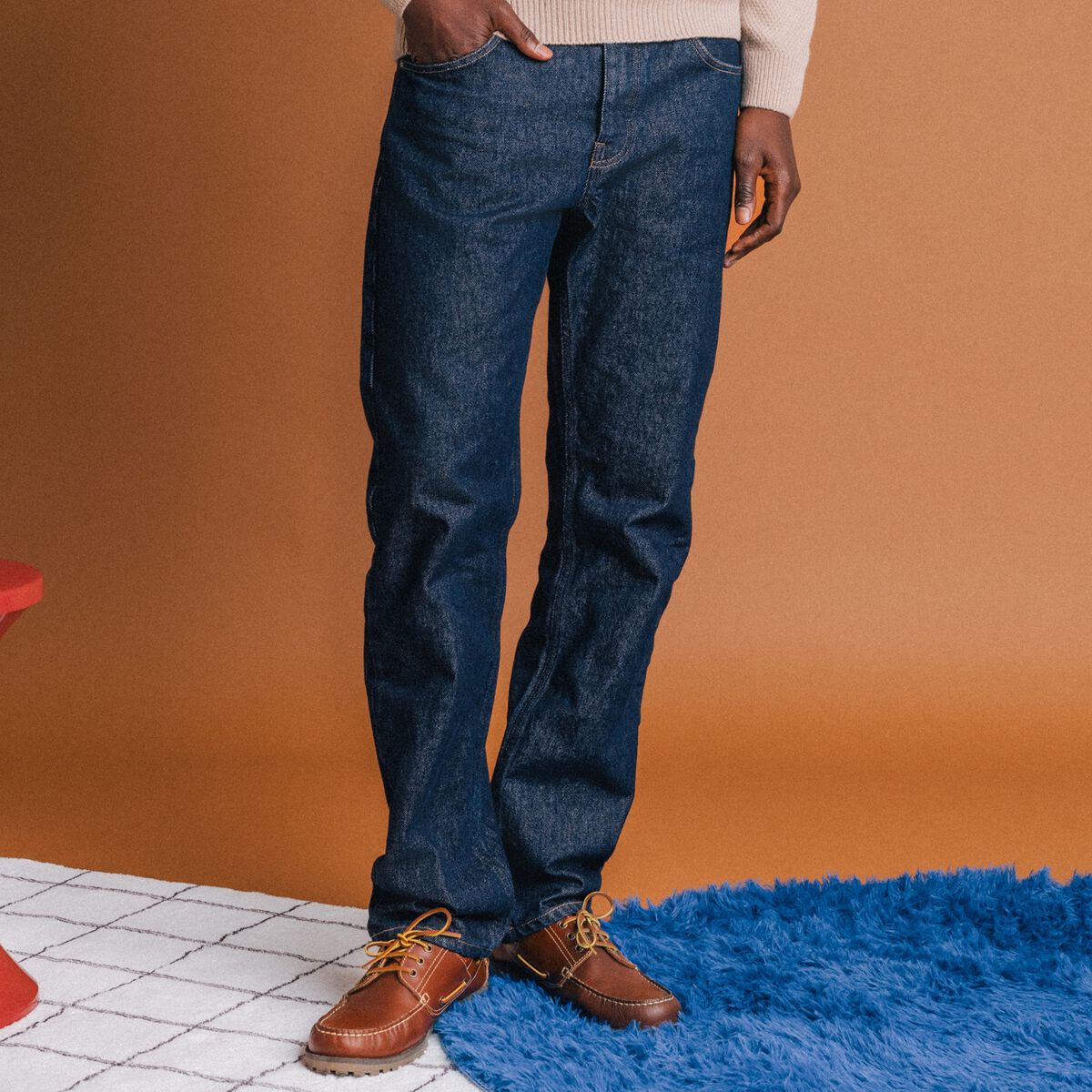 Jeans straight longueur 32 en coton denim brut rinse homme