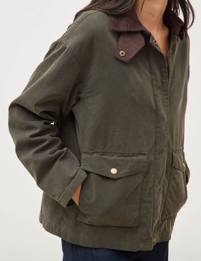 Parka oversize courte col classique vert kaki femme