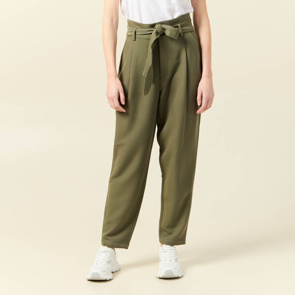 Pantalon carotte ceinturé vert kaki femme