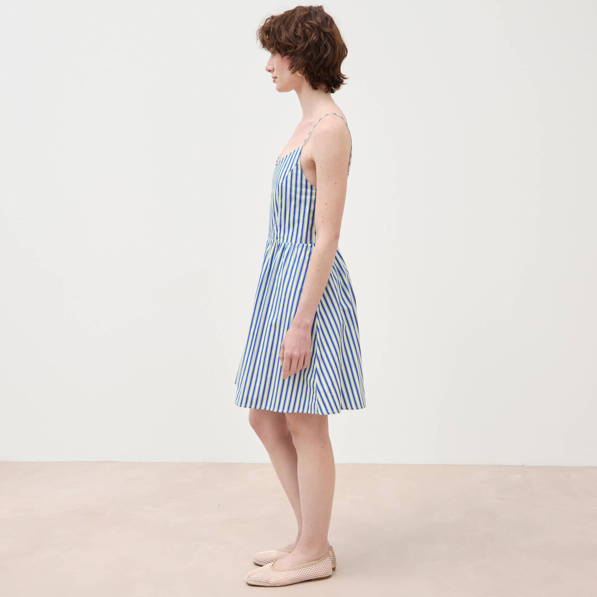 Robe bretelle col c&oelig;ur en coton bleu femme
