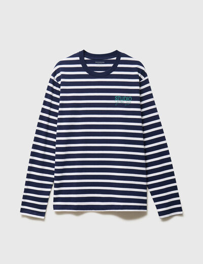 T-shirt ray&eacute; col rond manches longues blanc homme