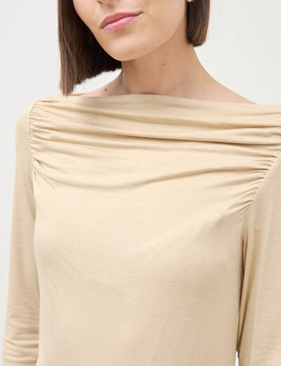 T-shirt ajust&eacute; manches longues bardot beige femme
