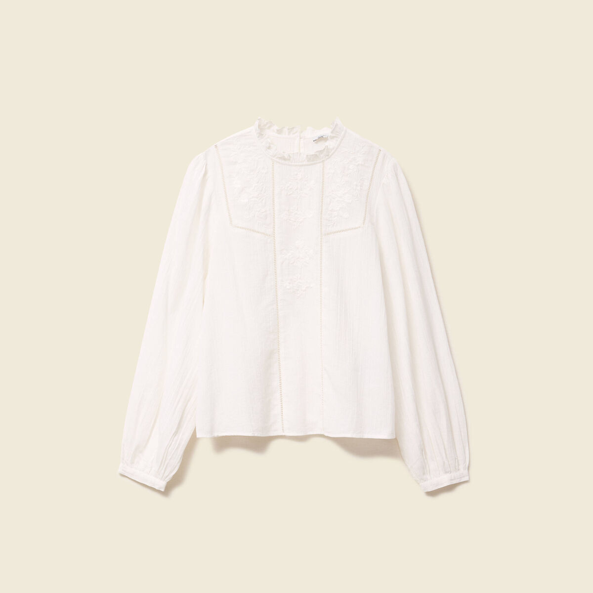 Chemise manches longues brod&eacute;e ecru femme