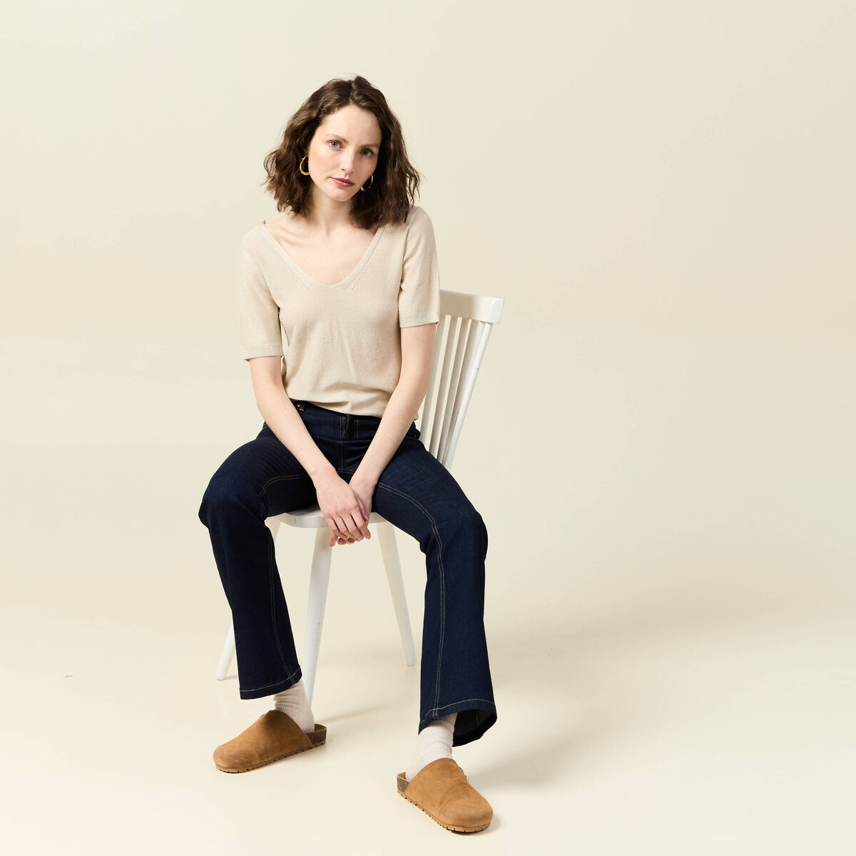 Pull manches courtes ecru femme