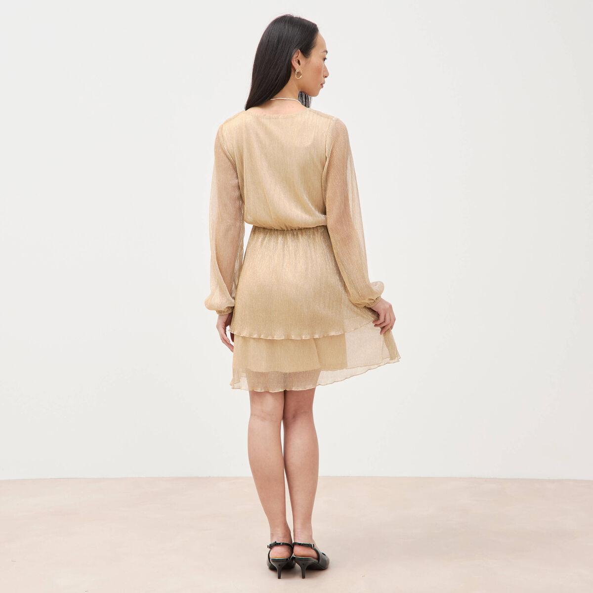 Robe manches longues doubl&eacute;e beige femme