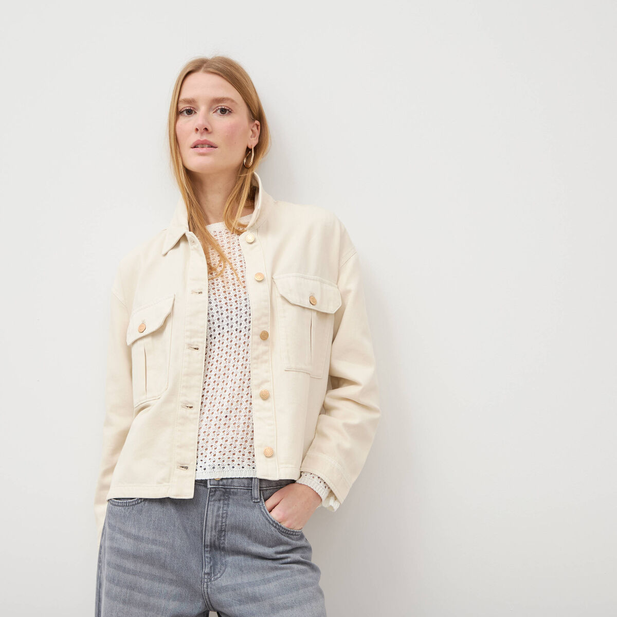 Blouson manches longues col classique denim blanc femme