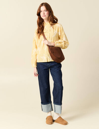 Chemise vichy manches longues en coton jaune femme