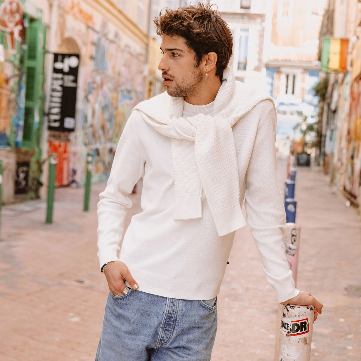 Pull fin manches longues col rond ecru homme