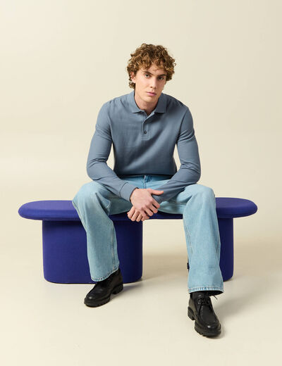 Polo manches longues en coton bleu gris homme