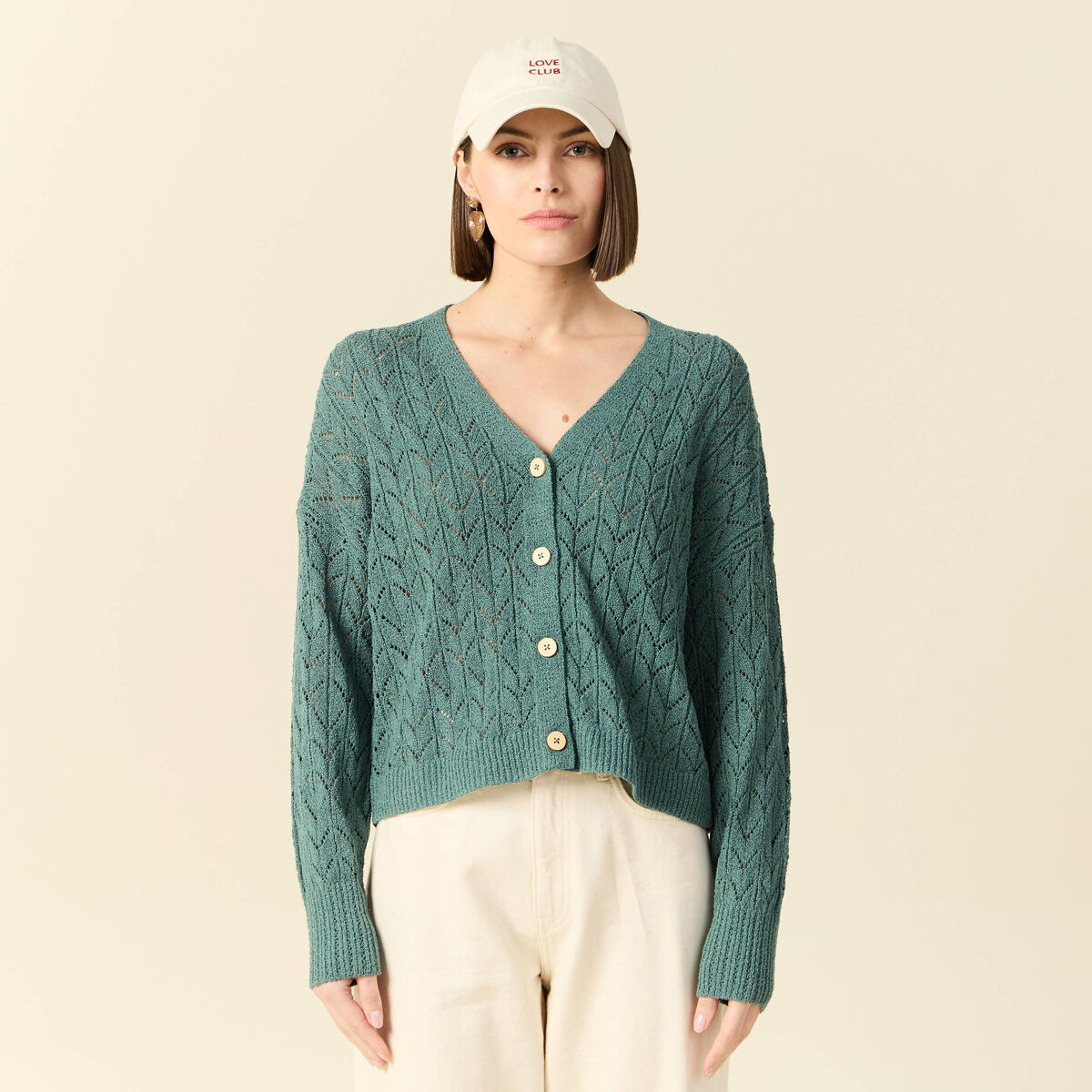 Gilet manches longues ajour&eacute; vert fonc&eacute; femme