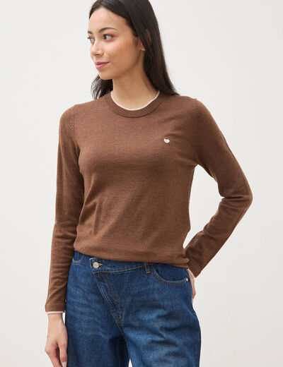 Pull fin col rond manches longues marron femme