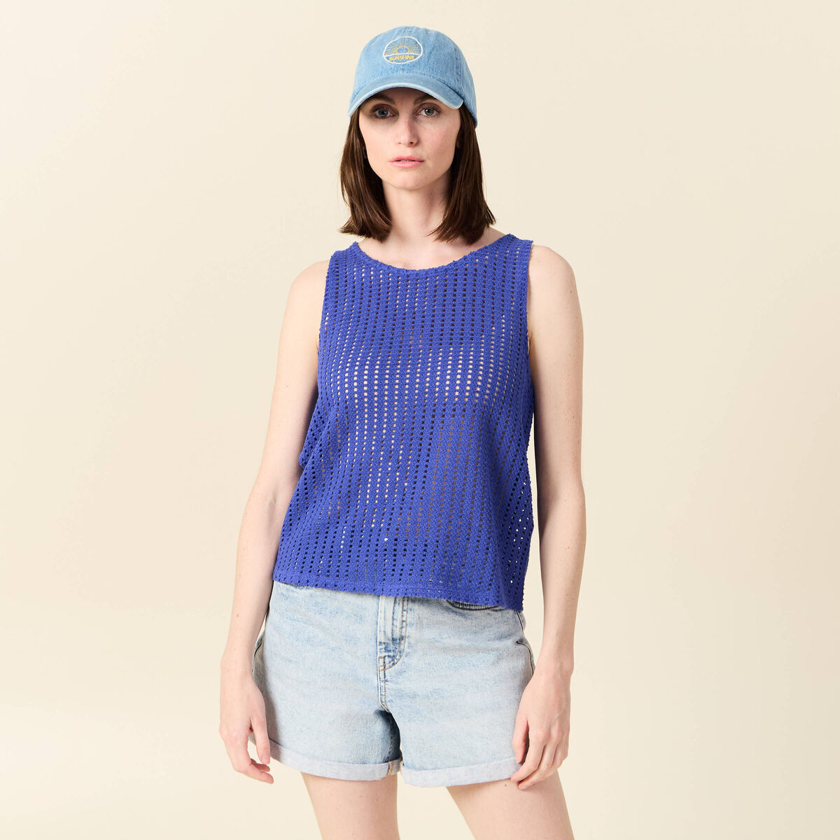 Débardeur sans manches ajouré bleu violet femme