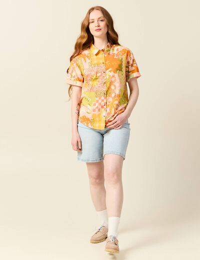 Chemise manches courtes orange corail femme
