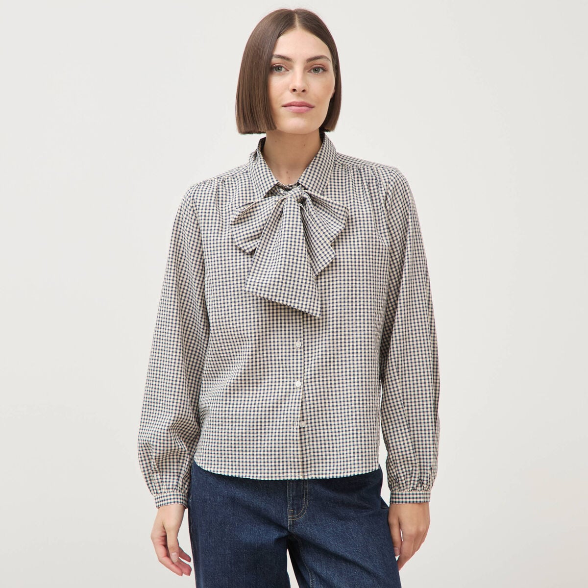 Chemise vichy droite manches longues bleu femme