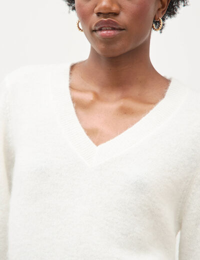 Pull droit col v manches longues ecru femme