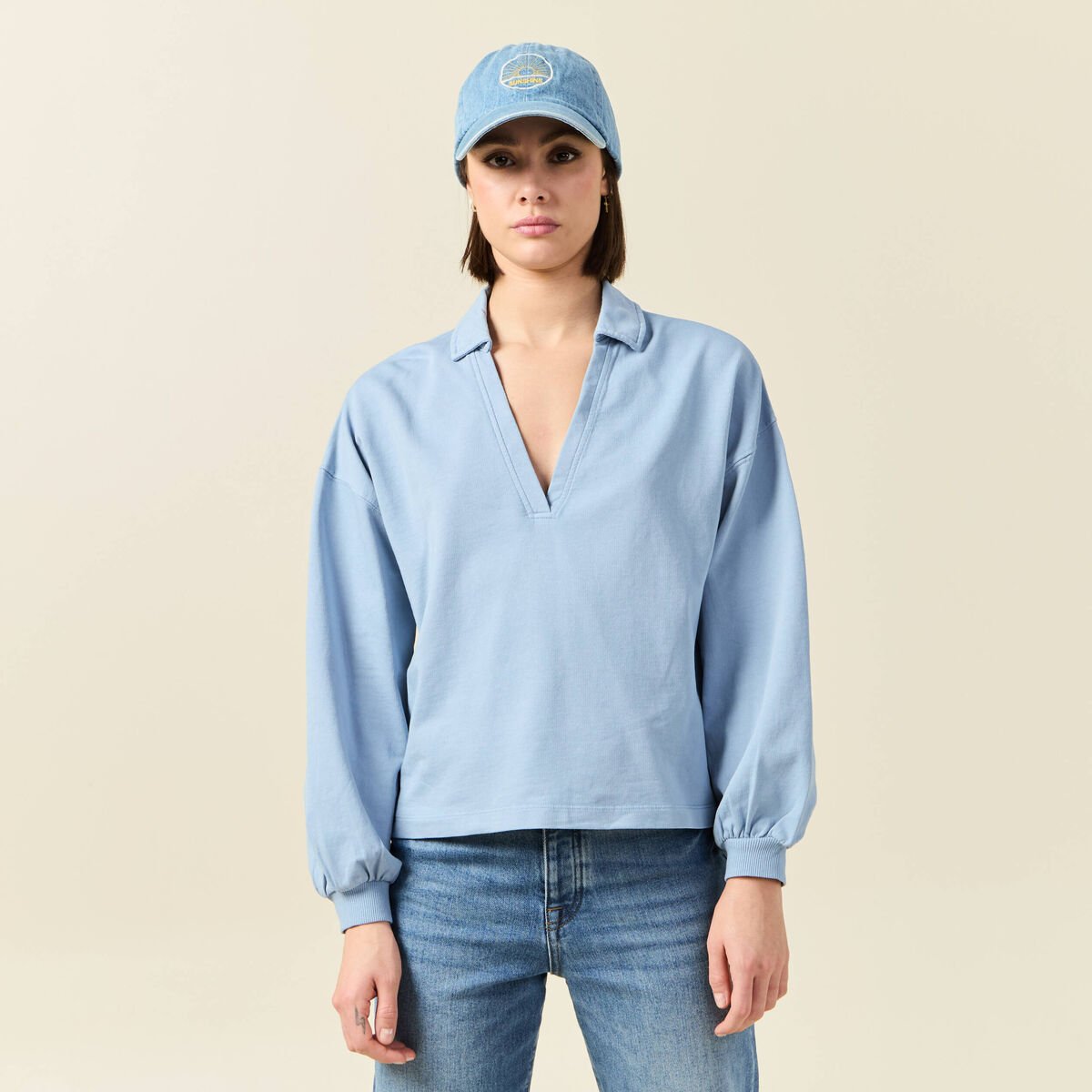 Sweat manches longues col polo bleu clair femme