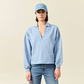 sweat manches longues col polo bleu clair femme Sweat manches longues col polo bleu clair femme