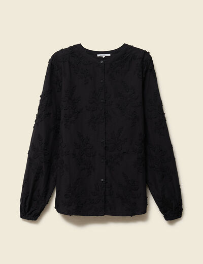 Chemise col rond manches longues brod&eacute;e noir femme