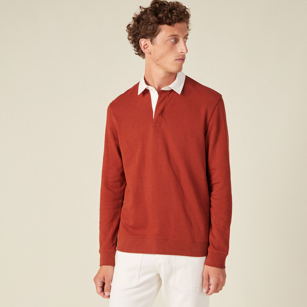 Sweat manches longues col polo marron cognac homme
