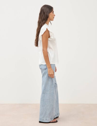 Top col rond manches courtes en coton ecru femme