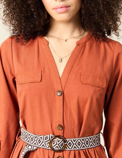 Robe midi évasée ceinturée marron cognac femme
