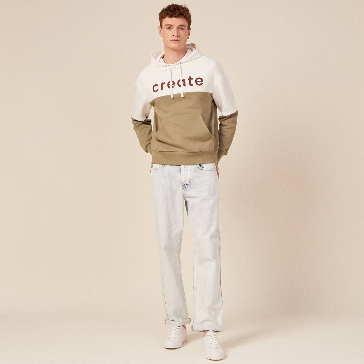 Sweat &agrave; capuche manches longues taupe homme