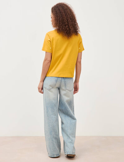 T-shirt droit col rond brod&eacute; en coton jaune or femme